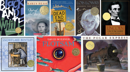 Caldecott/Newbery winners spotlight. Top row (from L to R): Black and White by David Macauley, Out of the Dust by Karen Hesse, Dead End in Norvelt by Jack Gantos, Number the Stars by Lois Lowry, Lincoln: A Photobiography by Russell Freedman. Bottom (from L to R): Snowflake Bentley by Mary Azarian, Flotsam by David Wiesner, and The Polar Express by Chris Van Allsburg.