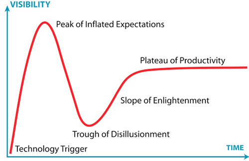 After reveling in the Peak of Inflated Expectations, can the library community dig itself out of the Trough of Disillusionment? The Gartner Hype Cycle. Diagram by Jeremy Kemp, used CC BY-SA 3.0