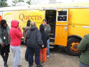 Following Hurricane Sandy, Queens Library sent a Book Bus to the Rockaways to provide FEMA information as well as books, warmth, and power outlets